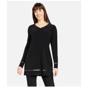 Sympli Womens Frame V-Neck Tunic Top sz 12 Black Long Sleeve faux leather trim
